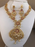 Beautiful peacock and flower design cz stones with ruby and pearls necklace set *** FREE SHIPPING ***