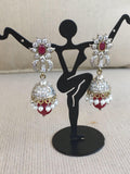 Beautiful German silver jumkas with cz stones and ruby  *** FREE SHIPPING ***