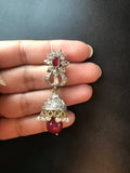Beautiful German silver jumkas with cz stones and ruby  *** FREE SHIPPING ***