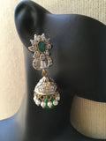 Beautiful German silver jumkas with cz stones and emerald  *** FREE SHIPPING ***